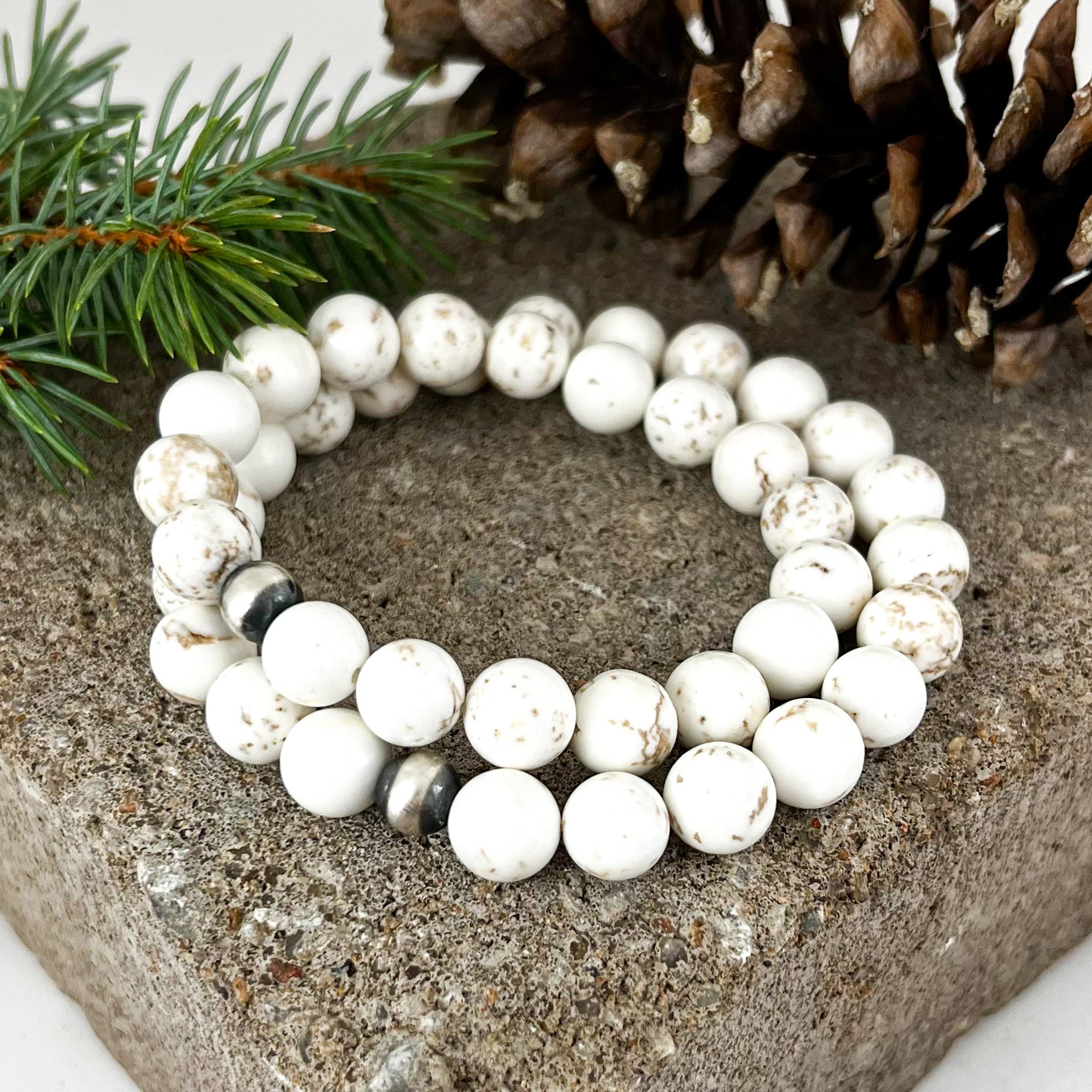 White Marble Gemstone bead bracelet Men Stretch 10mm - 8 inch