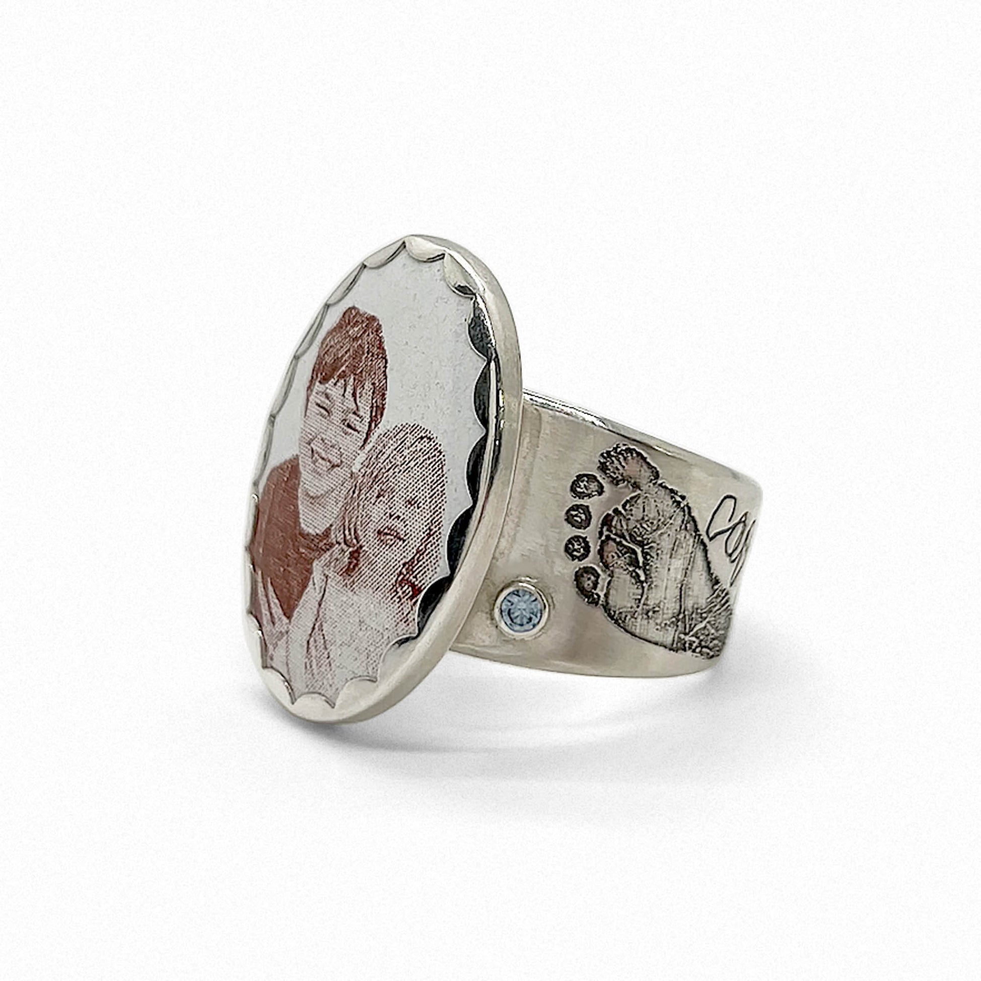 custom commission memorial ring with children's photo, footprints, handwritten names and birthstones.